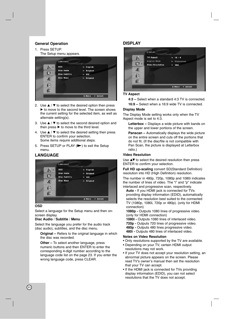 General operation, Language, Disc audio / subtitle / menu | Display, Tv aspect, Display mode, Video resolution | JVC SP-THG50W User Manual | Page 14 / 30