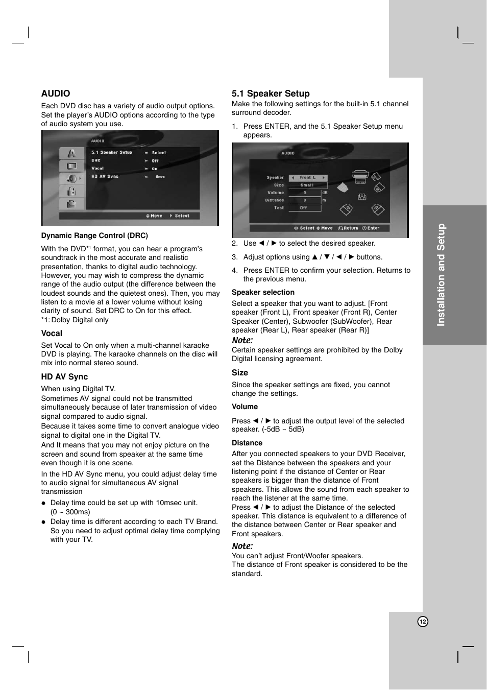 Audio, Dynamic range control (drc), Vocal | Hd av sync, 1 speaker setup, Operation reference introduction, Installation and setup | JVC SP-THG50W User Manual | Page 15 / 30