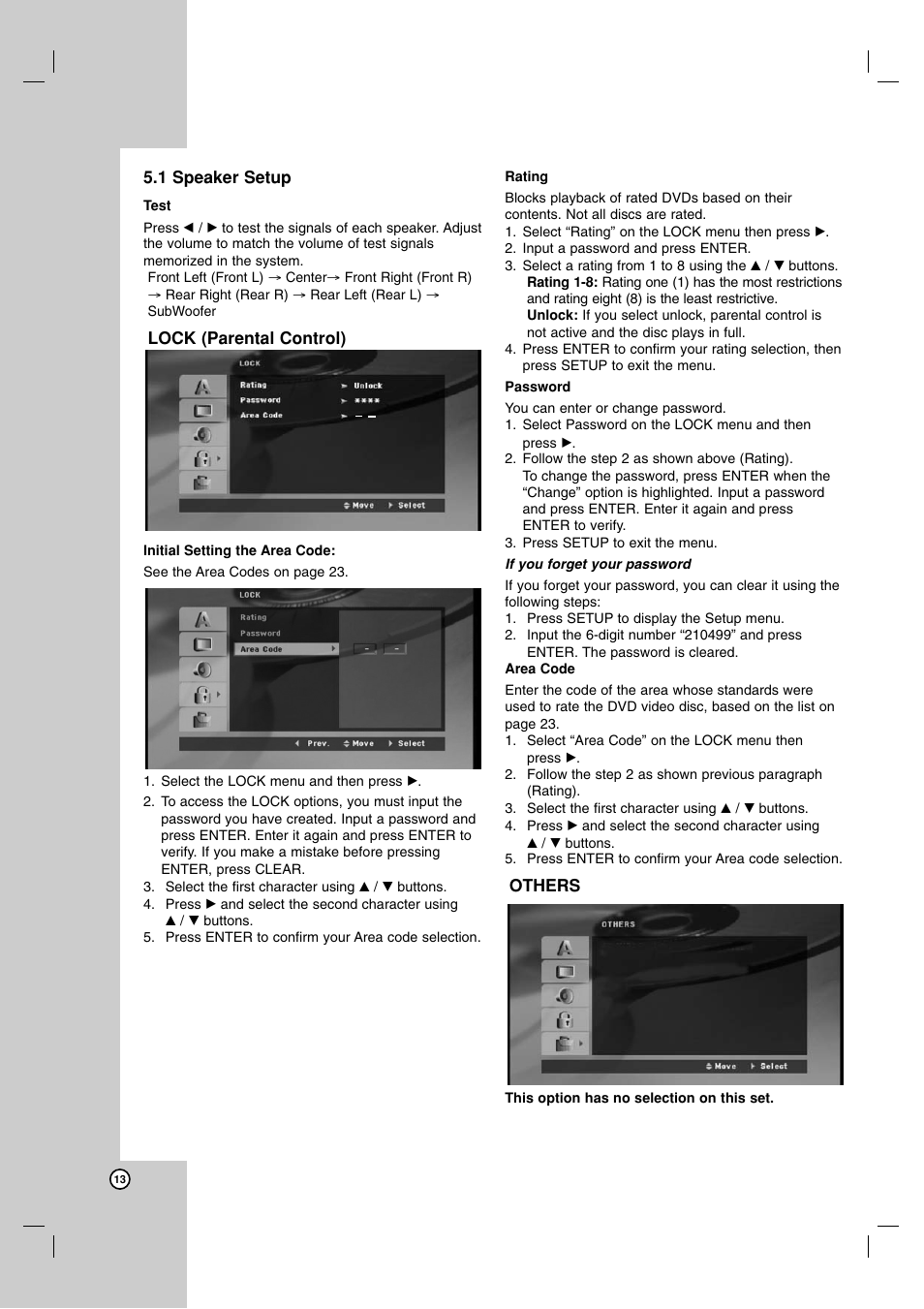 Lock (parental control), Initial setting the area code, Rating | Password, Area code, Others | JVC SP-THG50W User Manual | Page 16 / 30
