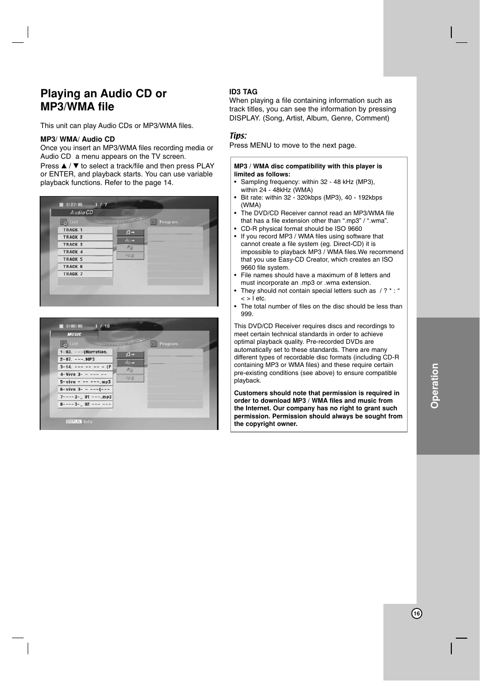 Playing an audio cd or mp3/wma file, Operation | JVC SP-THG50W User Manual | Page 19 / 30