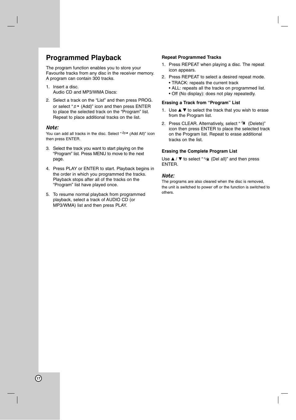 Programmed playback, Repeat programmed tracks, Erasing a track from “program” list | Erasing the complete program list | JVC SP-THG50W User Manual | Page 20 / 30