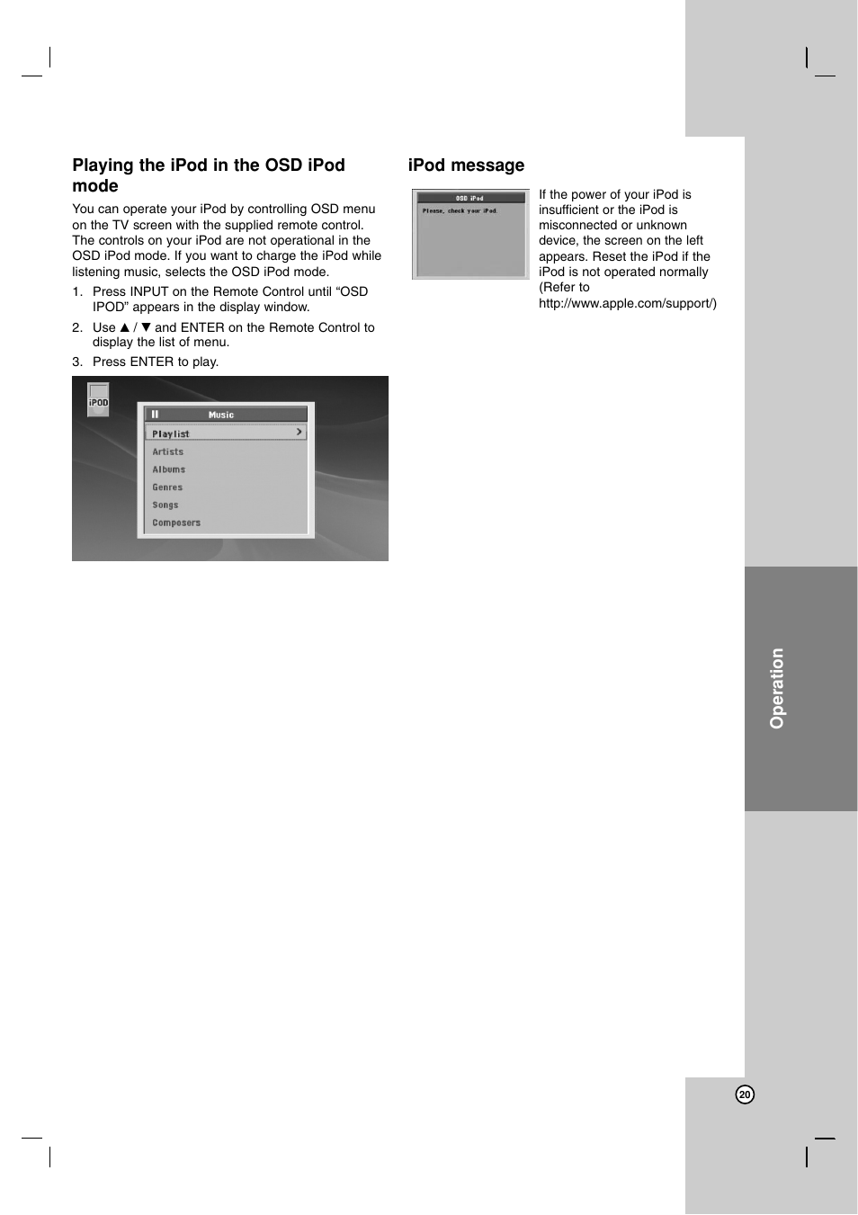 Playing the ipod in the osd ipod mode, Ipod message, Operation playing the ipod in the osd ipod mode | JVC SP-THG50W User Manual | Page 23 / 30