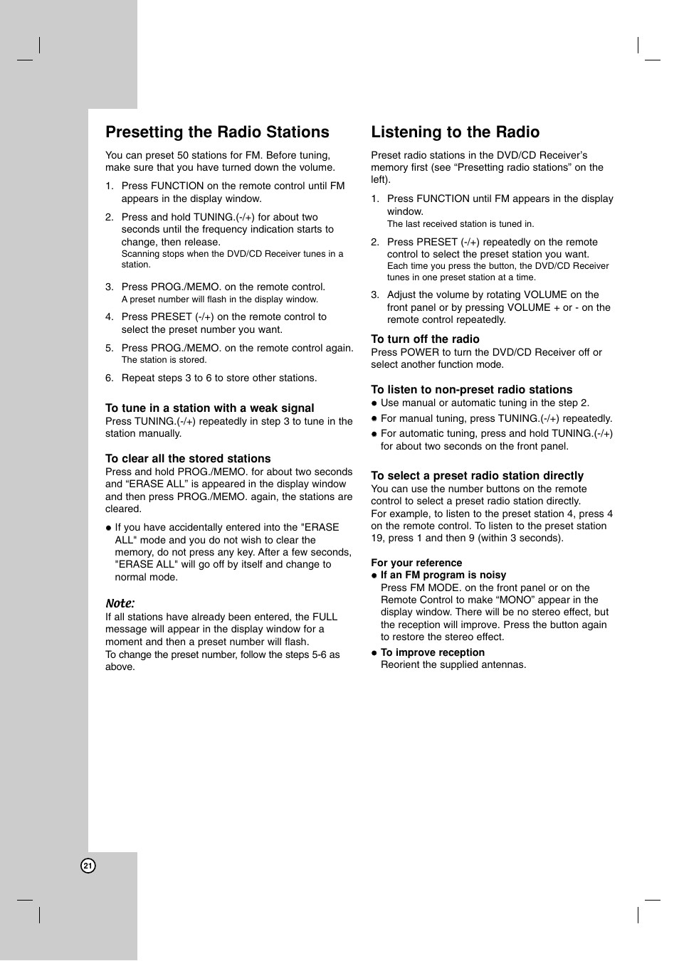 Presetting the radio stations, To tune in a station with a weak signal, To clear all the stored stations | Listening to the radio, To turn off the radio, To listen to non-preset radio stations, To select a preset radio station directly | JVC SP-THG50W User Manual | Page 24 / 30