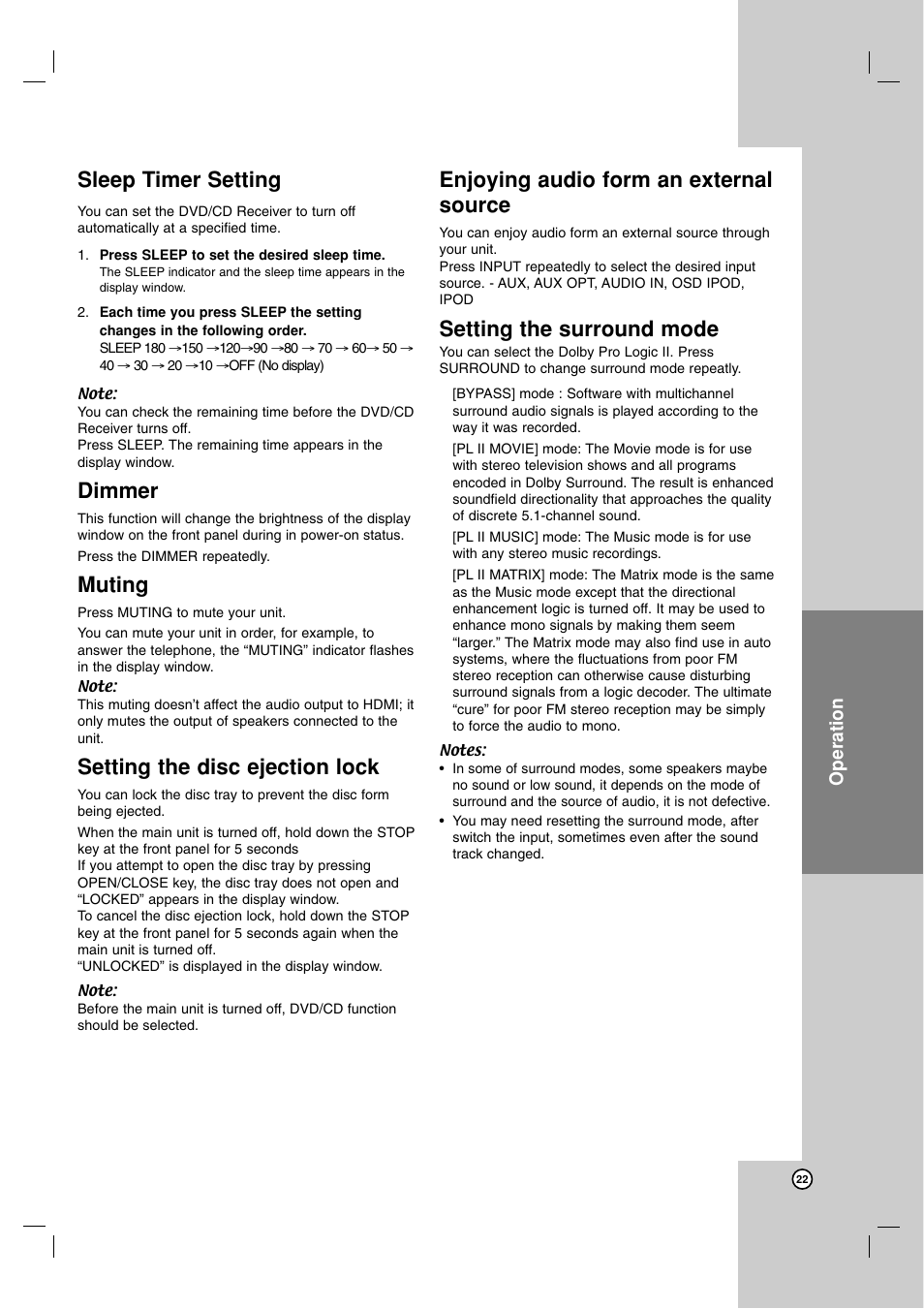 Sleep timer setting, Dimmer, Muting | Setting the disc ejection lock, Enjoying audio form an external source, Setting the surround mode, Operation | JVC SP-THG50W User Manual | Page 25 / 30