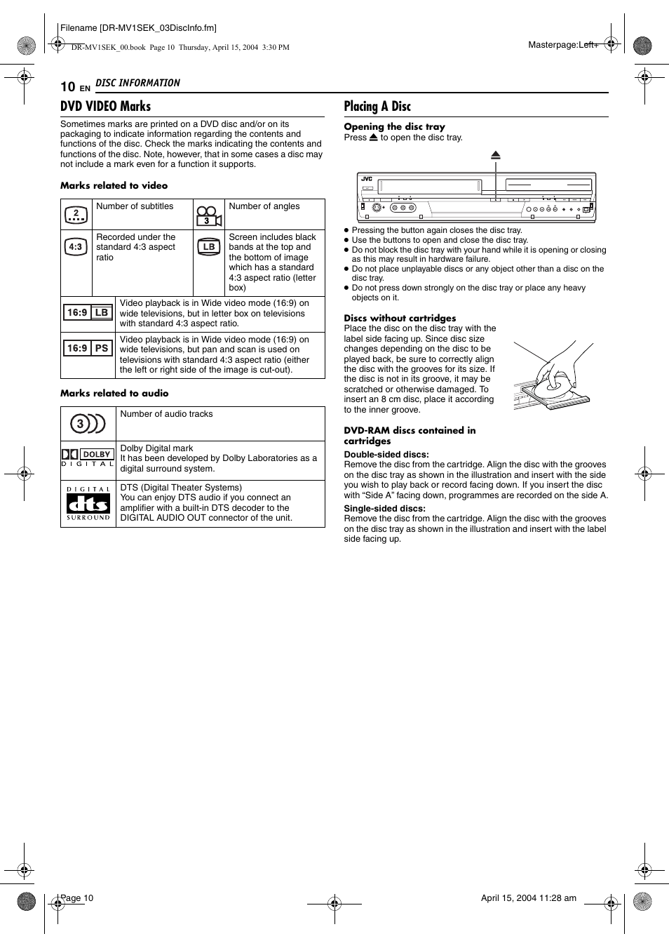 Dvdvideo marks, Placing a disc, Dvd video marks | JVC DR-MV1B User Manual | Page 10 / 104