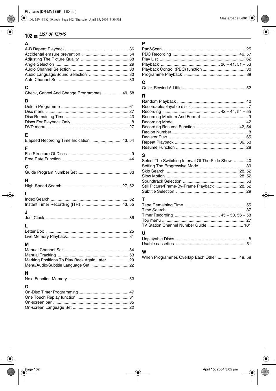 List of terms | JVC DR-MV1B User Manual | Page 102 / 104