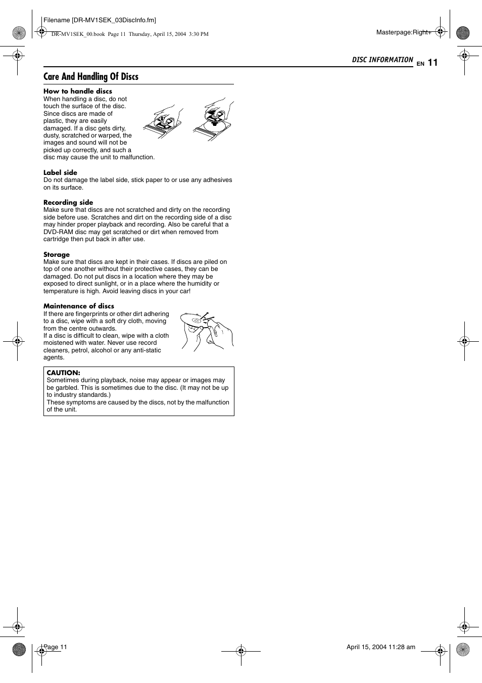 Care and handling of discs | JVC DR-MV1B User Manual | Page 11 / 104