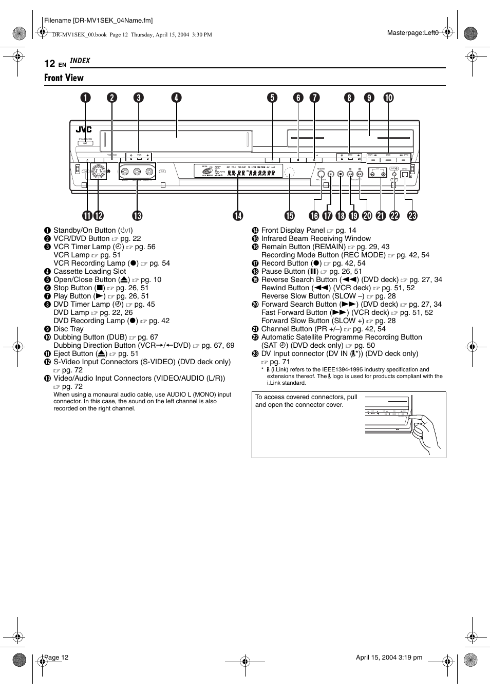 Index, Front view, Index 12 | JVC DR-MV1B User Manual | Page 12 / 104