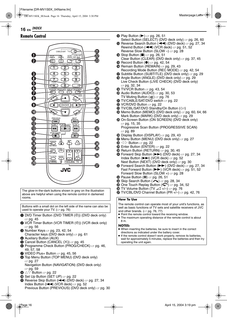 Remote control | JVC DR-MV1B User Manual | Page 16 / 104