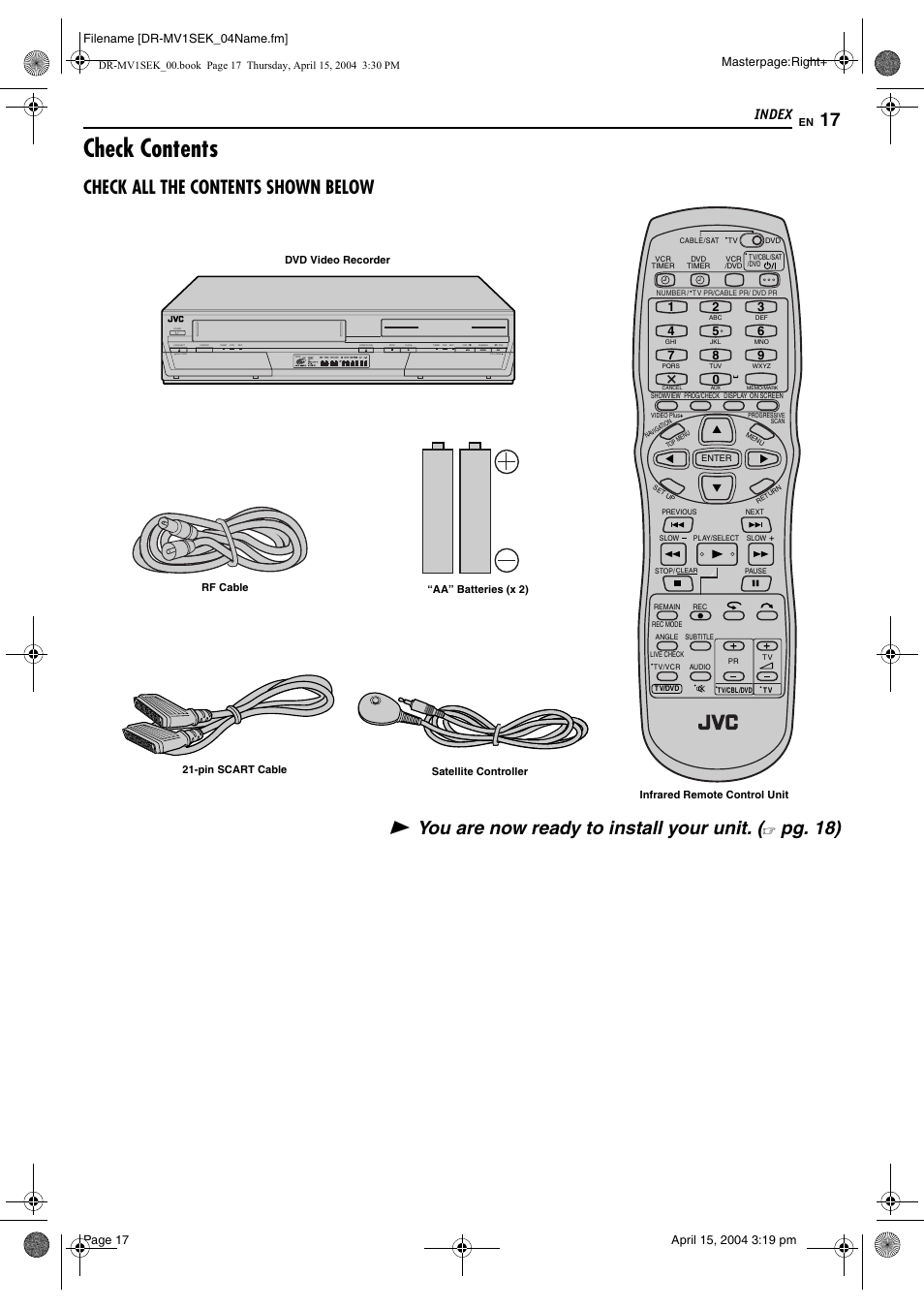 Check contents, Check all the contents shown below, You are now ready to install yo ur unit | Pg. 18), Index, Dvd s-video video (mono) l - audio - r, Rec mode slow, Dv in rec link dvd, Pull-open, Masterpage:right | JVC DR-MV1B User Manual | Page 17 / 104