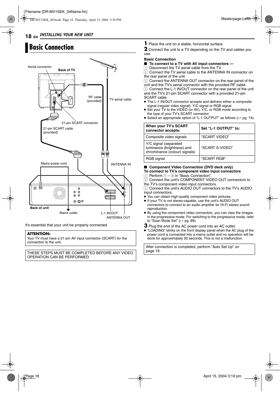 Installing your new unit, Basic connection, Pg. 18 | Pg. 18, 7, Out), Pg. 18, 73 | JVC DR-MV1B User Manual | Page 18 / 104
