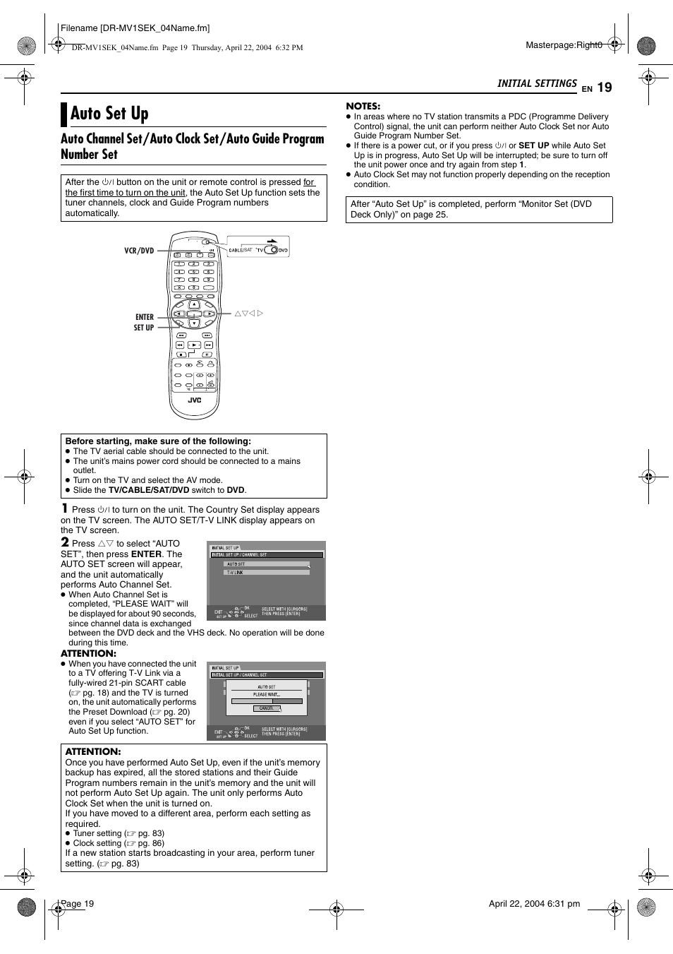 Initial settings, Auto set up | JVC DR-MV1B User Manual | Page 19 / 104