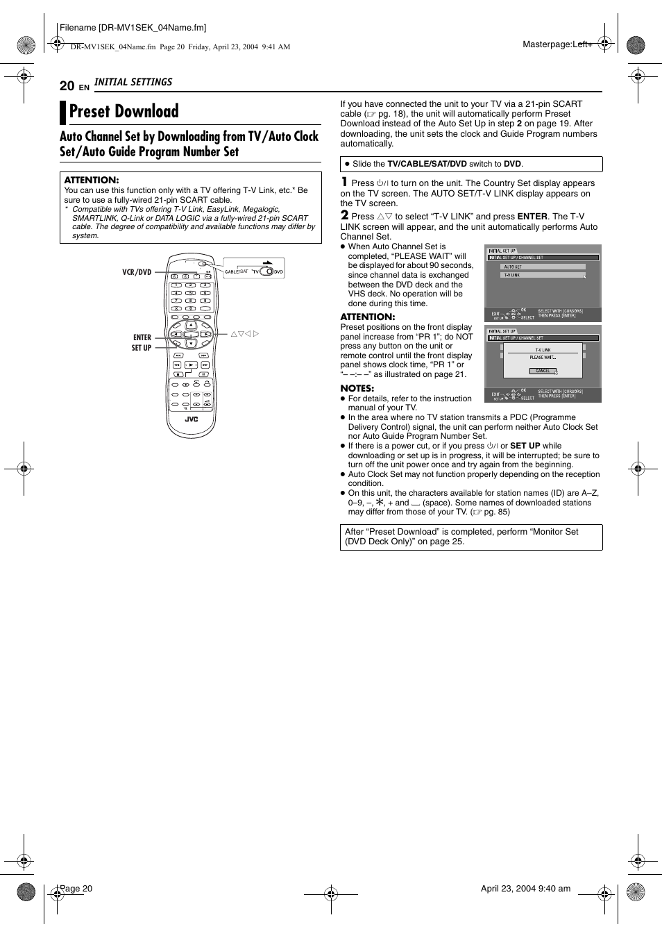 Preset download, Uto set” fo, Initial settings | JVC DR-MV1B User Manual | Page 20 / 104