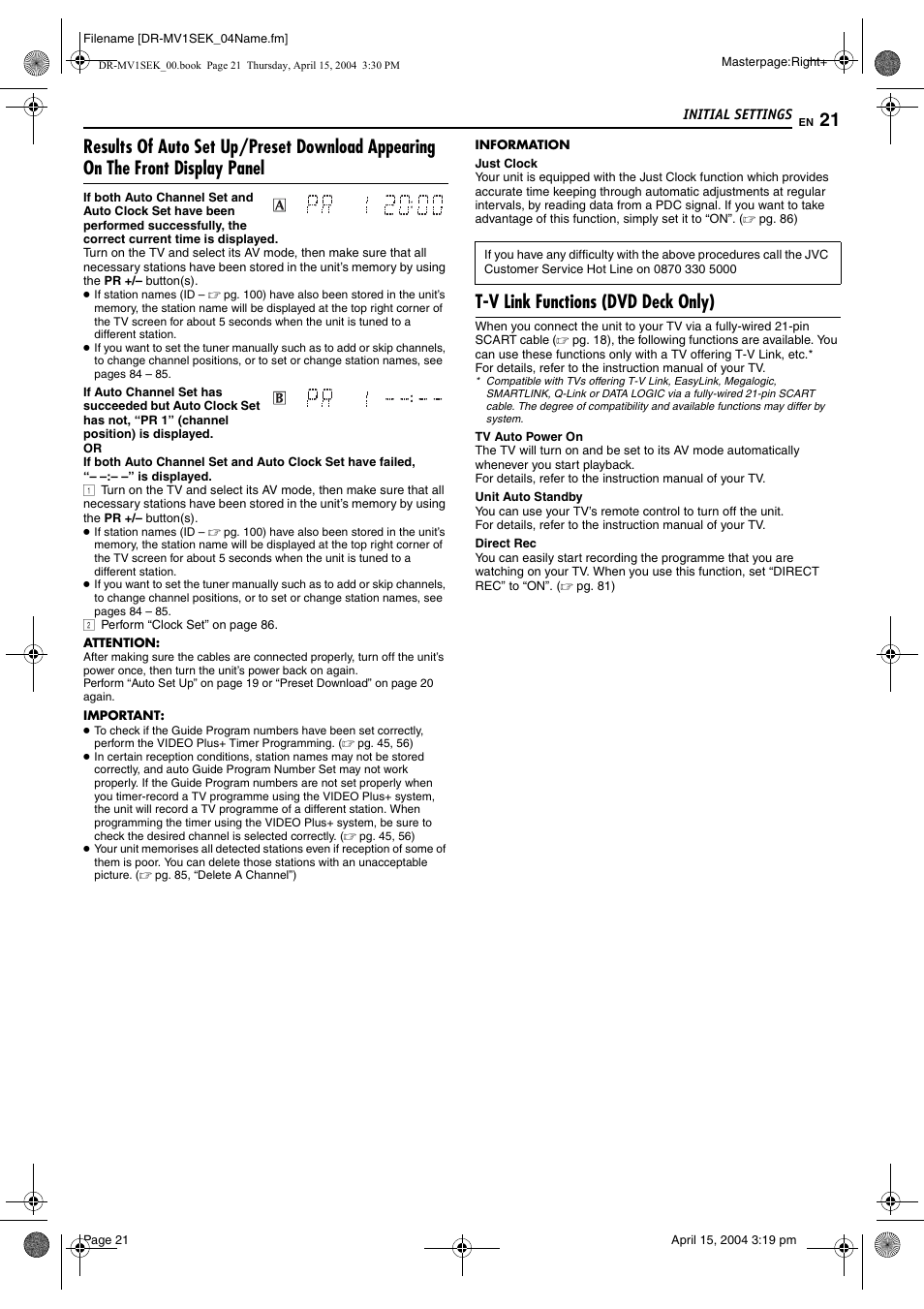 Tv link functions (dvd deck only), Nect, T-v link functions (dvd deck only) | JVC DR-MV1B User Manual | Page 21 / 104