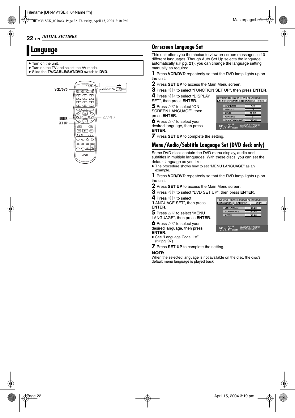 Language, On-screen language set, Menu/audio/subtitle language set (dvd deck only) | Pg. 22, Pg. 22, 26, Button, Witch, D button | JVC DR-MV1B User Manual | Page 22 / 104