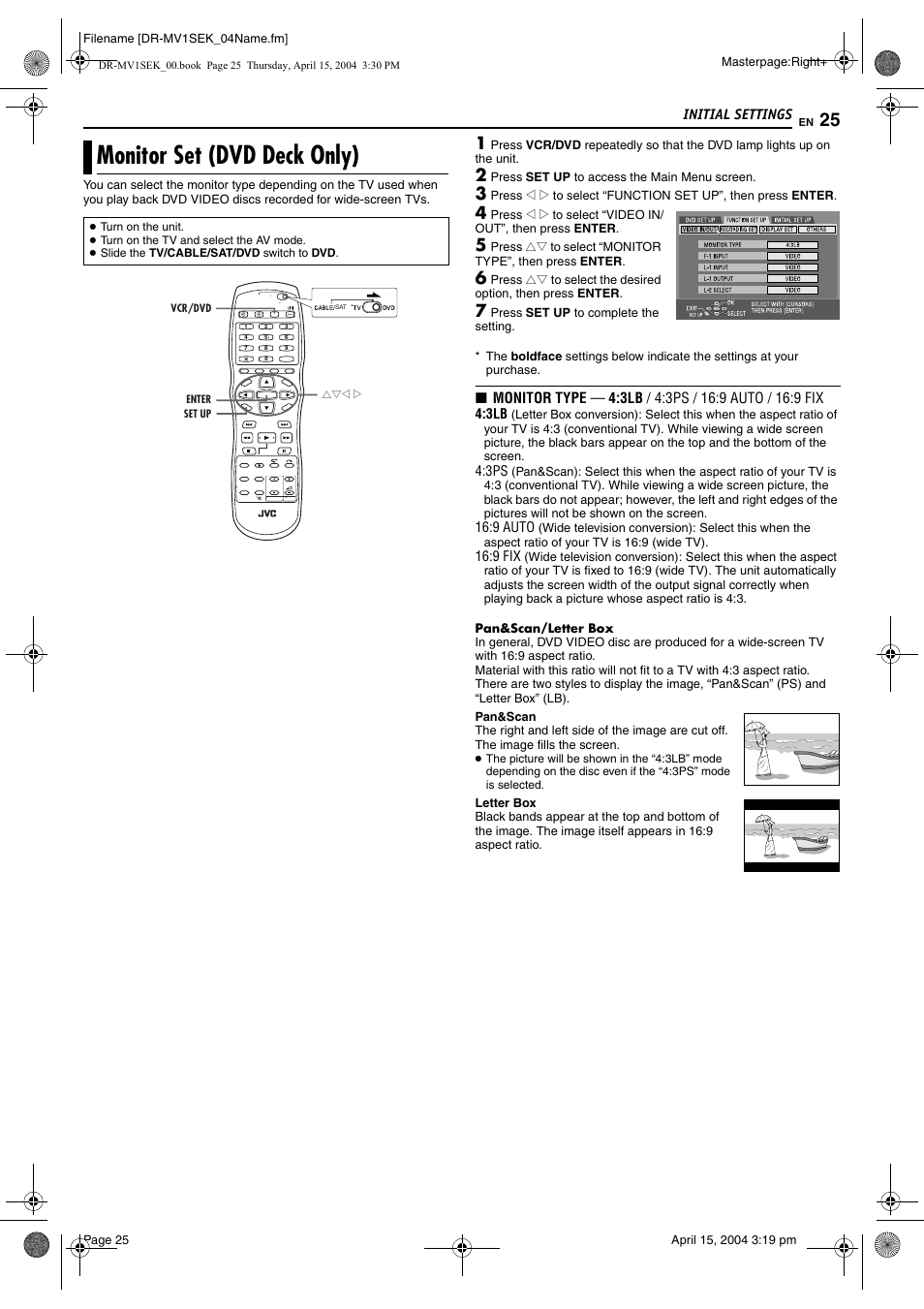 Monitor set (dvd deck only), Monitor set (dvd deck only)” on | JVC DR-MV1B User Manual | Page 25 / 104