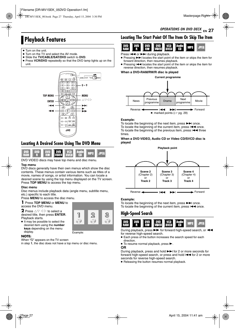 Playback features, Locating a desired scene using the dvd menu, High-speed search | Pg. 27, 3, Pg. 27, Pg. 27, 34, Only), Locating a desired scene, Using the dvd menu, Pg. 27) | JVC DR-MV1B User Manual | Page 27 / 104