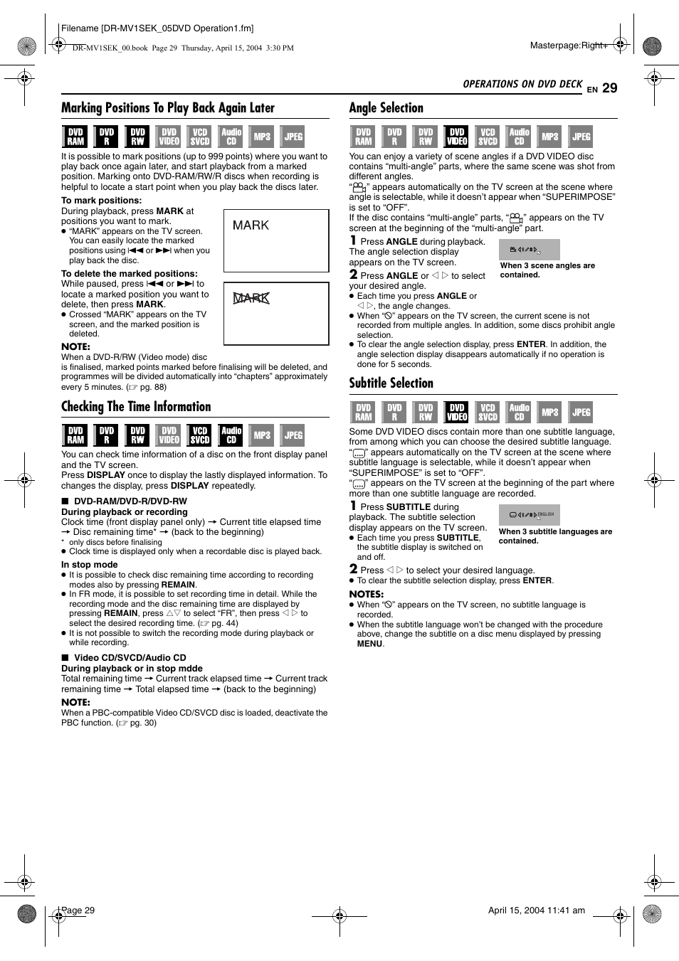 Marking positions to play back again later, Checking the time information, Angle selection | Subtitle selection, Pg. 29), Pg. 29, 43, Pg. 29, 4, Pg. 29 | JVC DR-MV1B User Manual | Page 29 / 104