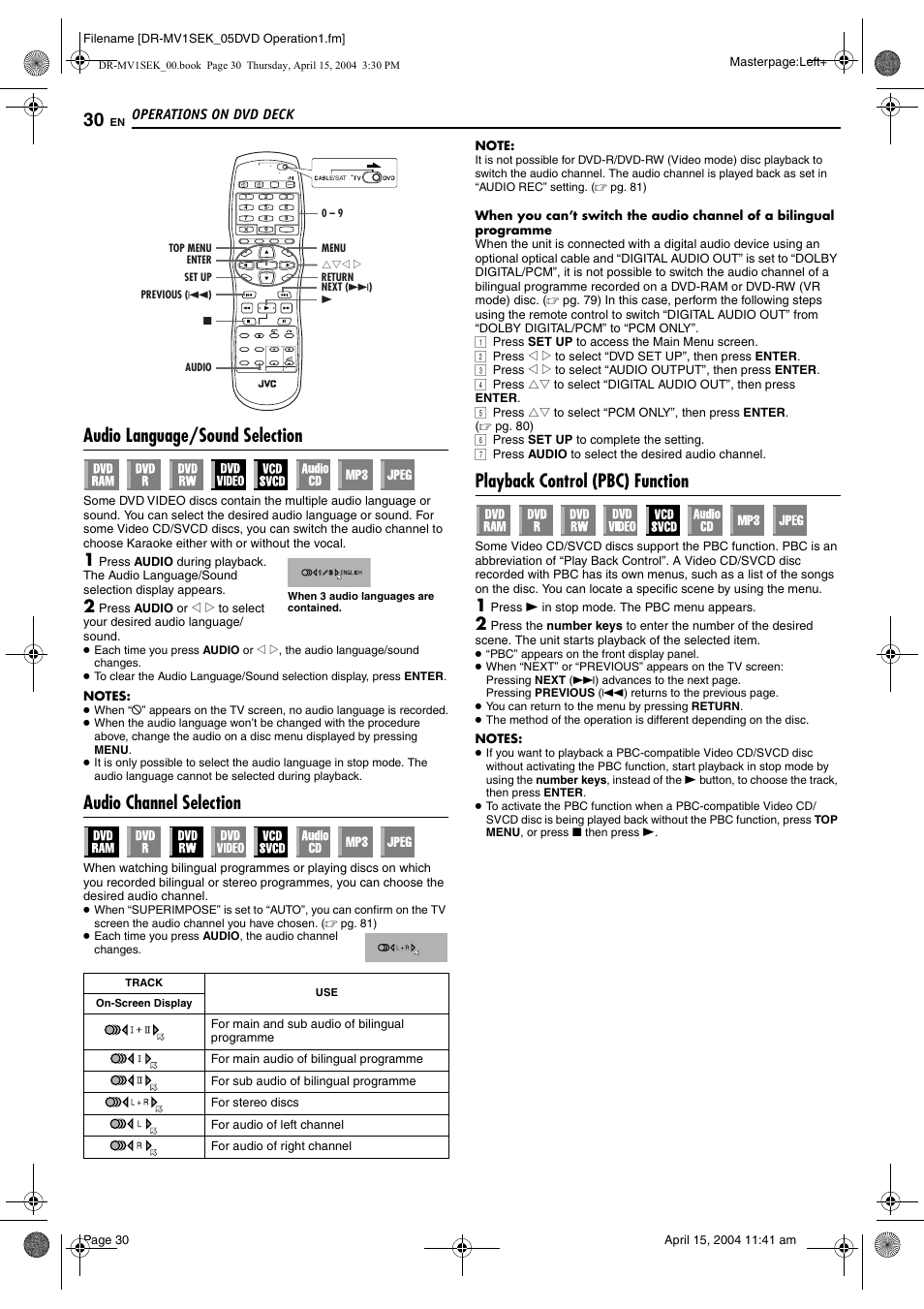Audio language/sound selection, Audio channel selection, Playback control (pbc) function | Pg. 30), Pg. 30, Pg. 30, 53, Eturn), Pg. 30, 45, Pg. 30) or | JVC DR-MV1B User Manual | Page 30 / 104
