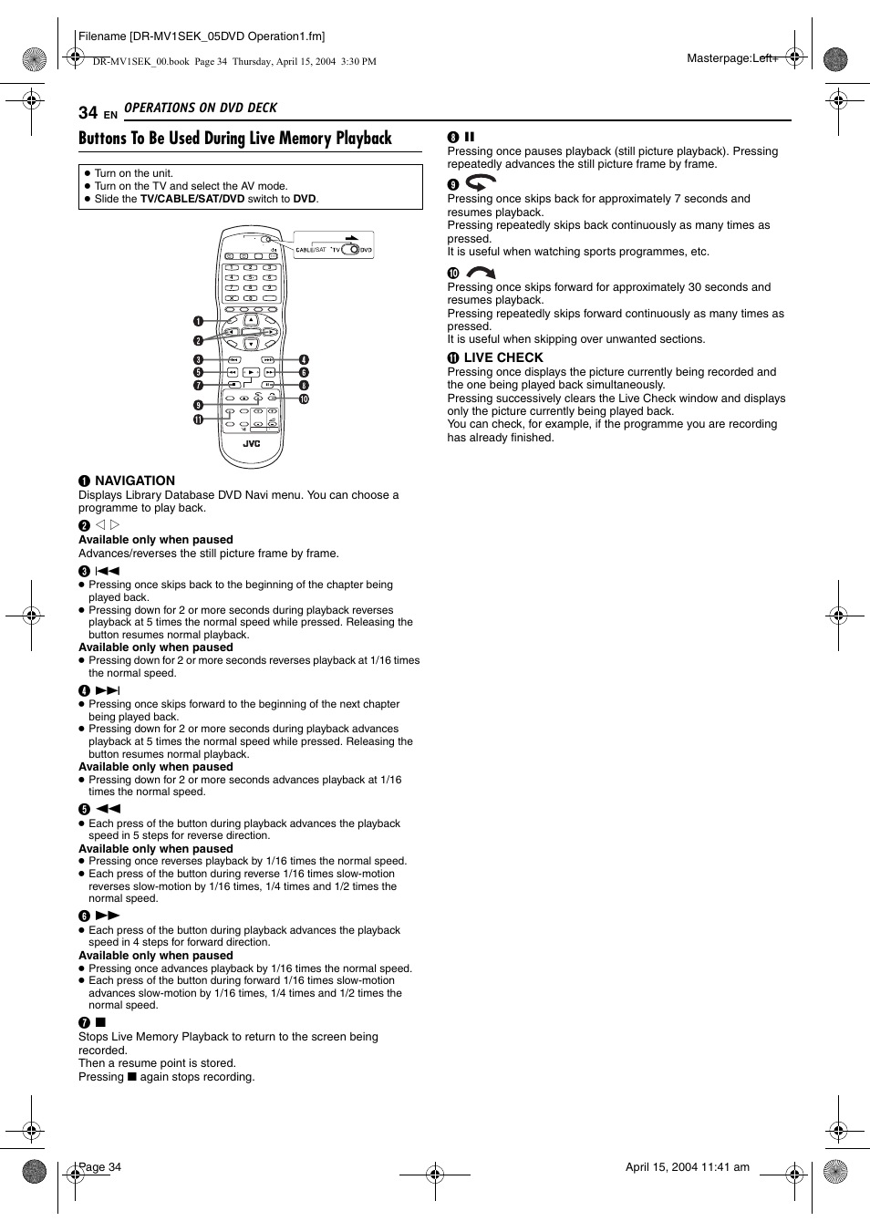 Buttons to be used during live memory playback, Pg. 34, 5 | JVC DR-MV1B User Manual | Page 34 / 104