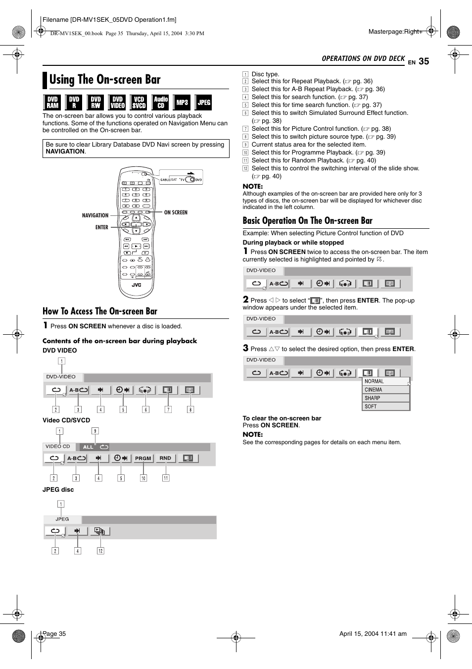 Using the on-screen bar, How to access the on-screen bar, Basic operation on the on-screen bar | JVC DR-MV1B User Manual | Page 35 / 104