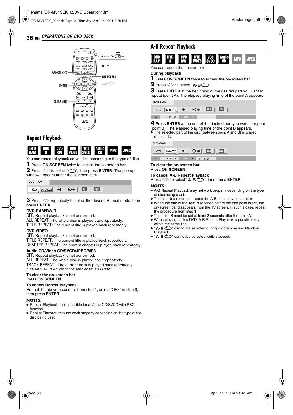 Repeat playback, A-b repeat playback, 1/a–b) | Pg. 36, 53, K. (੬ pg. 36), Pg. 36) | JVC DR-MV1B User Manual | Page 36 / 104