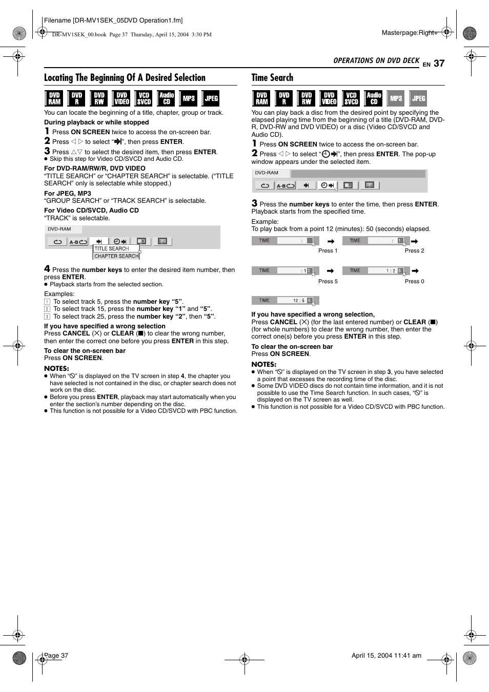 Locating the beginning of a desired selection, Time search, Pg. 37, 4 | R search function. (੬ pg. 37), Pg. 37) | JVC DR-MV1B User Manual | Page 37 / 104