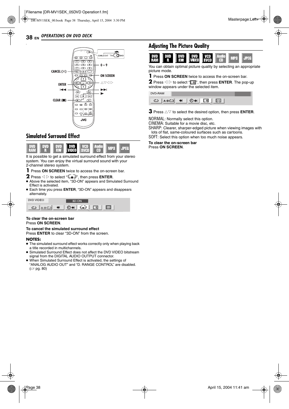 Simulated surround effect, Adjusting the picture quality, Pg. 38 | Pg. 38), R picture control function. (੬ pg. 38) | JVC DR-MV1B User Manual | Page 38 / 104