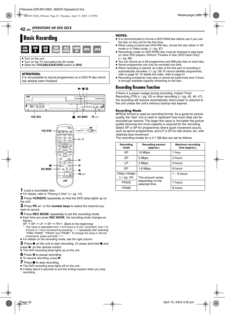 Operations on dvd deck, Basic recording, Recording resume function | Pg. 42), Pg. 42, Tton (rec mode), Pg. 42, 5, Pg. 4, Pg. 42, 54, Pg. 42, 76 | JVC DR-MV1B User Manual | Page 42 / 104