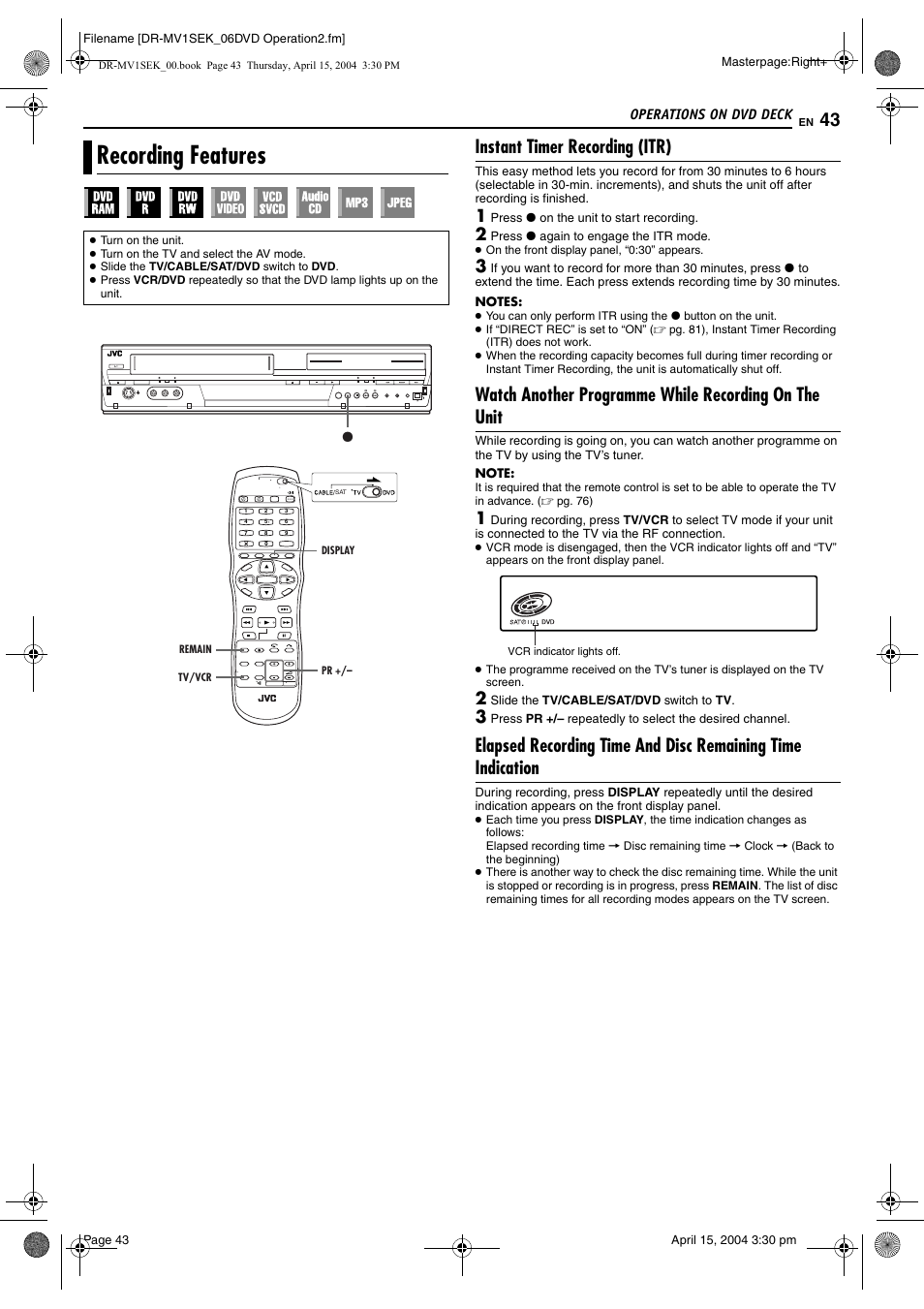 Recording features, Instant timer recording (itr), Pg. 43, 5 | Pg. 43, 54, Pg. 43) | JVC DR-MV1B User Manual | Page 43 / 104