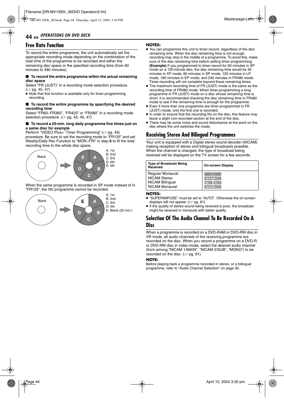 Free rate function, Receiving stereo and bilingual programmes, Pg. 44) | JVC DR-MV1B User Manual | Page 44 / 104