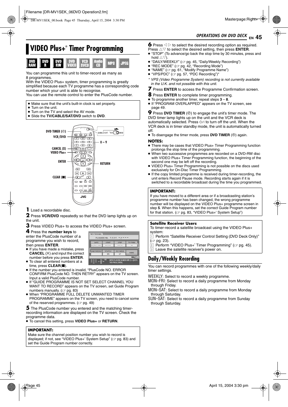 Video plus+® timer programming, Daily/weekly recording, Pg. 45) | Video plus, Timer programming, Pg. 45, Button, Pg. 45, 56, Pg. 45, 5, Mming | JVC DR-MV1B User Manual | Page 45 / 104