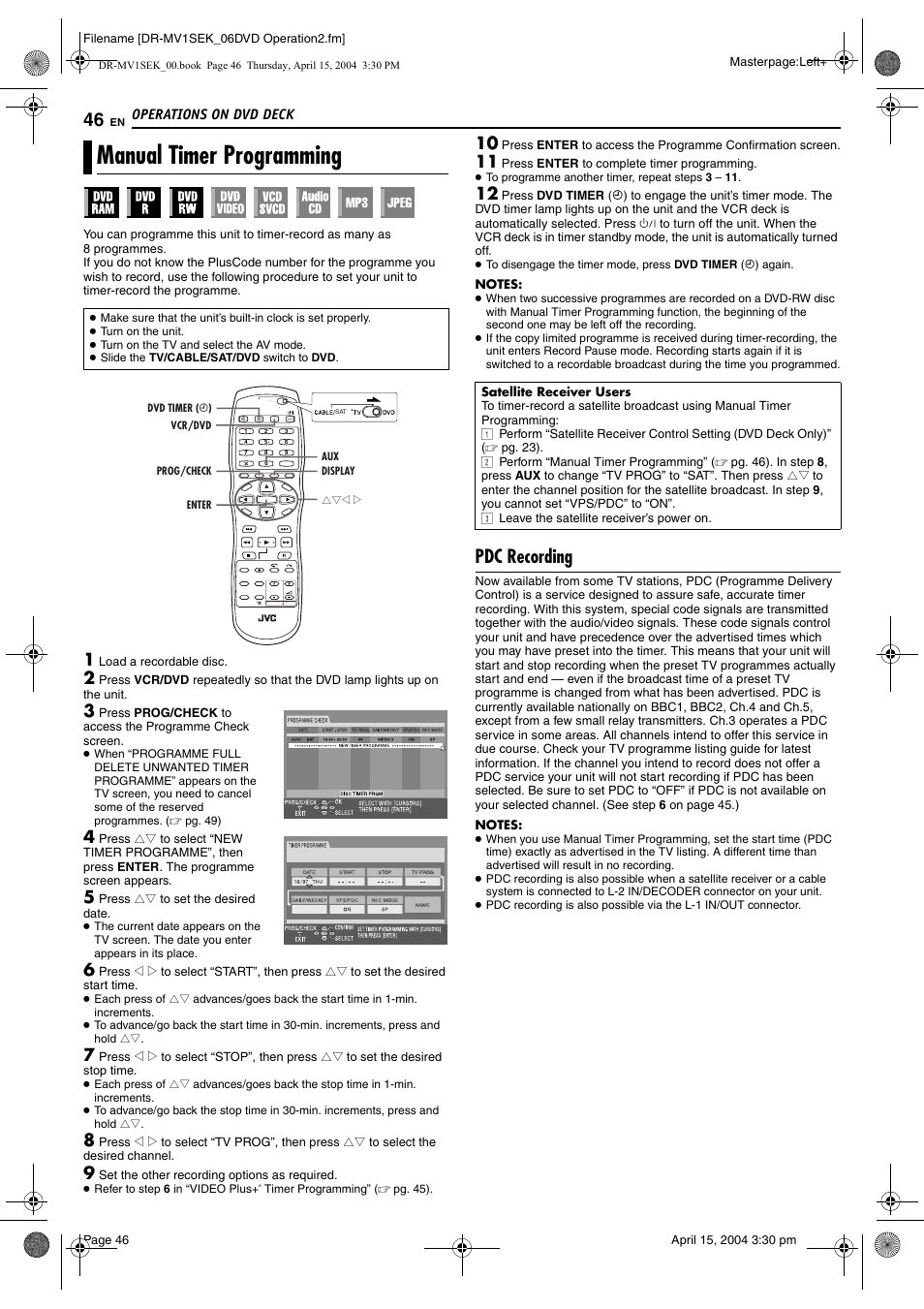 Manual timer programming, Pdc recording, Pg. 46) | Vps/pdc indicator, Pg. 46, G/check), Mming | JVC DR-MV1B User Manual | Page 46 / 104