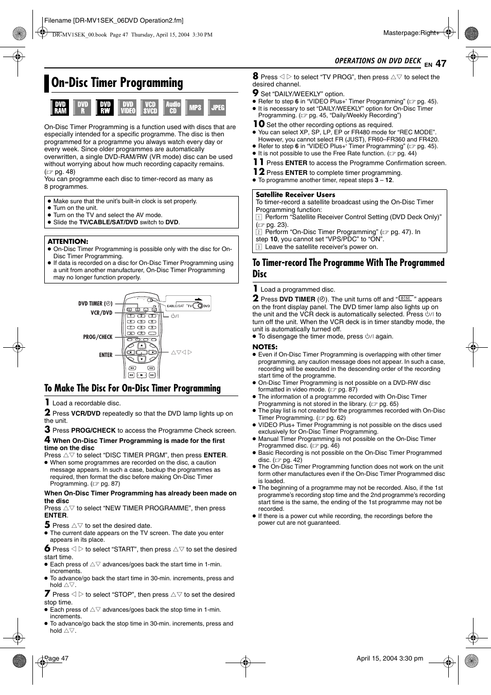 On-disc timer programming, To make the disc for on-disc timer programming, Pg. 47 | JVC DR-MV1B User Manual | Page 47 / 104