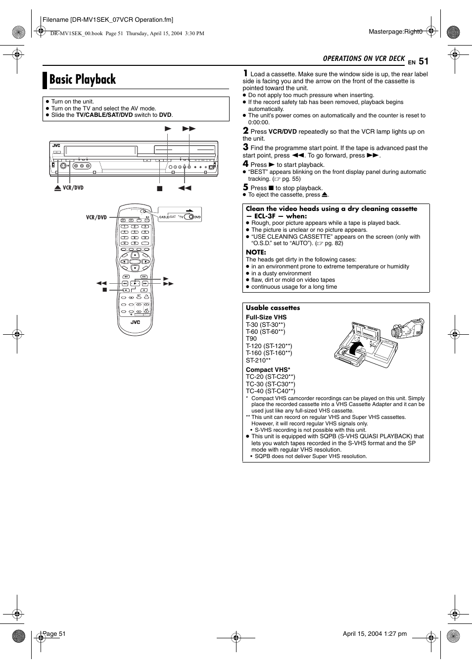 Operations on vcr deck, Basic playback, Vcr lamp | Pg. 51, Pg. 51, 52 | JVC DR-MV1B User Manual | Page 51 / 104