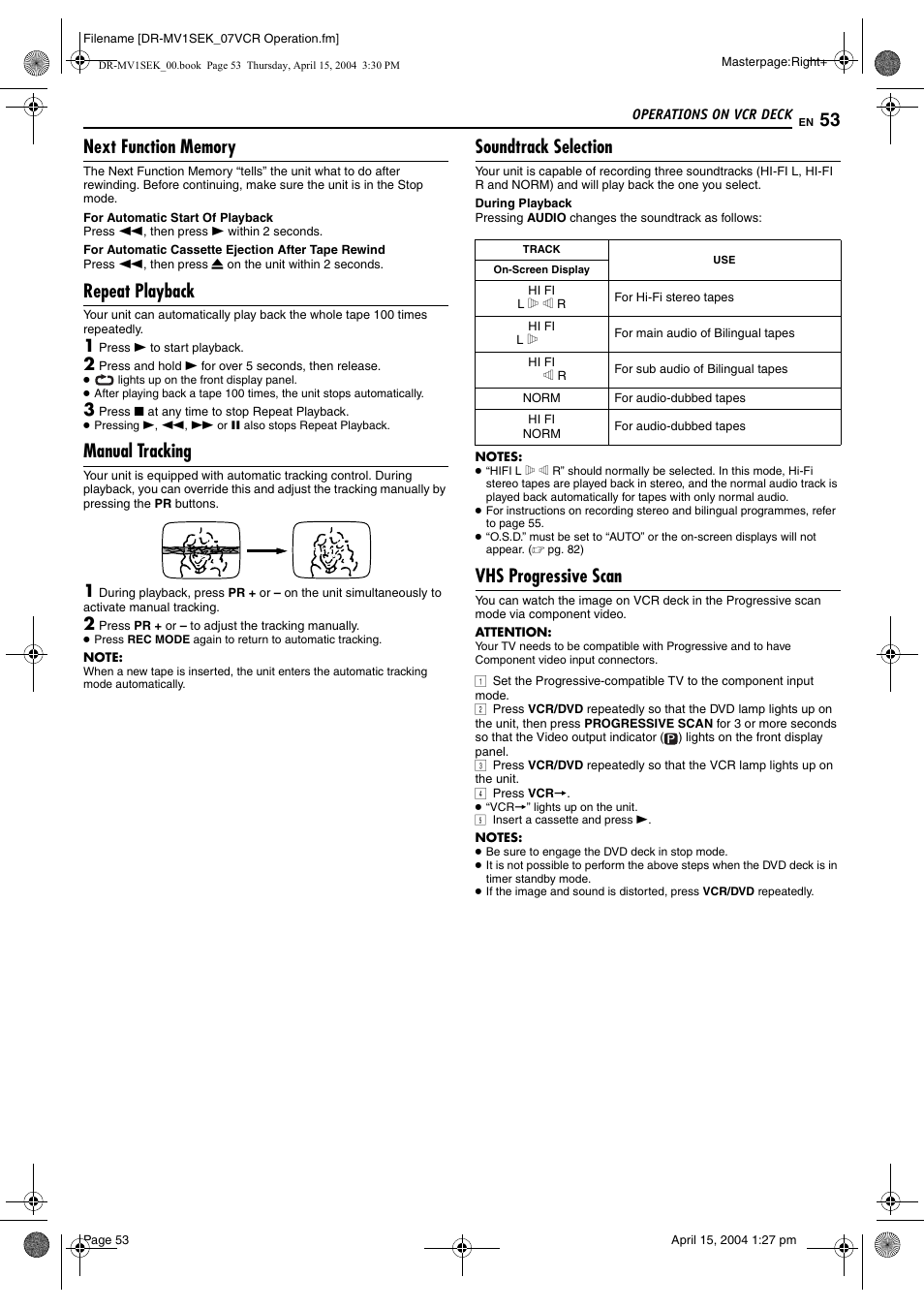 Next function memory, Repeat playback, Manual tracking | Soundtrack selection, Vhs progressive scan, Pg. 53 | JVC DR-MV1B User Manual | Page 53 / 104