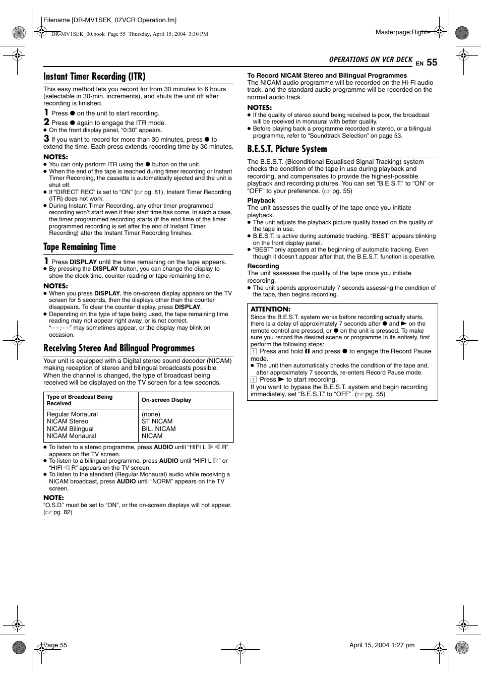 Instant timer recording (itr), Tape remaining time, Receiving stereo and bilingual programmes | B.e.s.t. picture system, Pg. 55, Pg. 55) | JVC DR-MV1B User Manual | Page 55 / 104