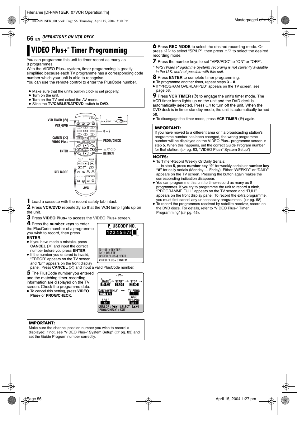 Video plus+® timer programming, Pg. 56), Video plus | Timer programming, Pg. 56 | JVC DR-MV1B User Manual | Page 56 / 104