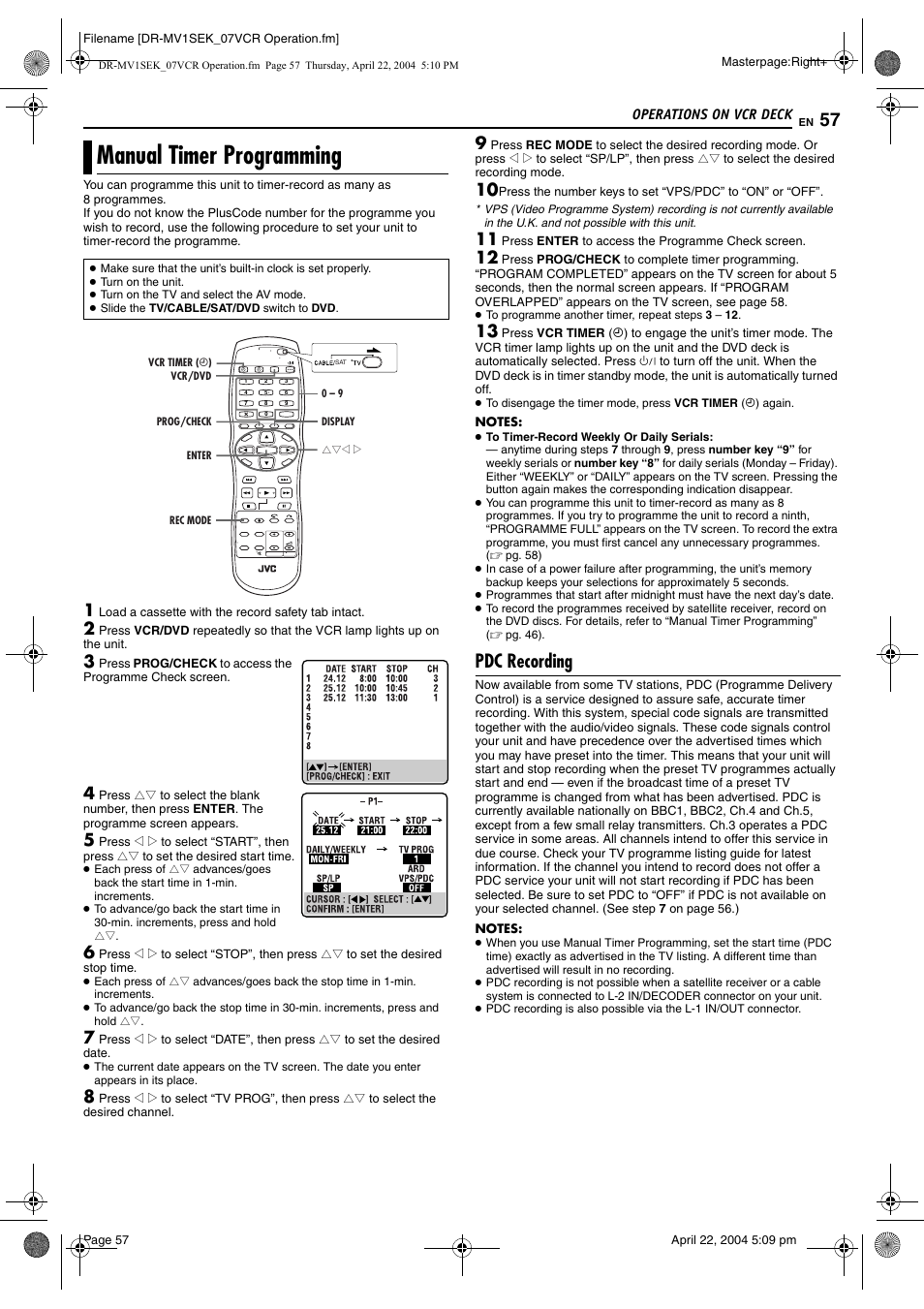 Manual timer programming, Pdc recording | JVC DR-MV1B User Manual | Page 57 / 104