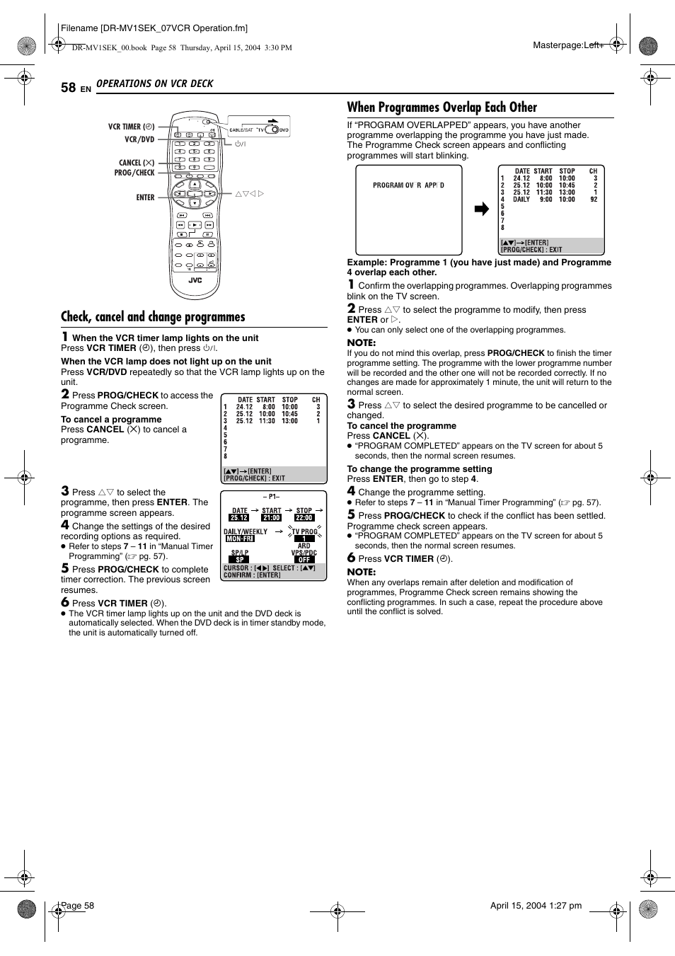 Check, cancel and change programmes, When programmes overlap each other, Pg. 58) | JVC DR-MV1B User Manual | Page 58 / 104