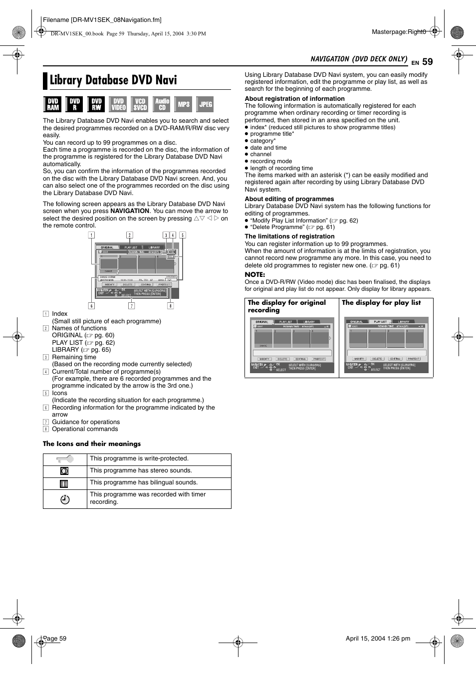 Navigation (dvd deck only), Library database dvd navi, Pg. 59 | Pg. 59) | JVC DR-MV1B User Manual | Page 59 / 104