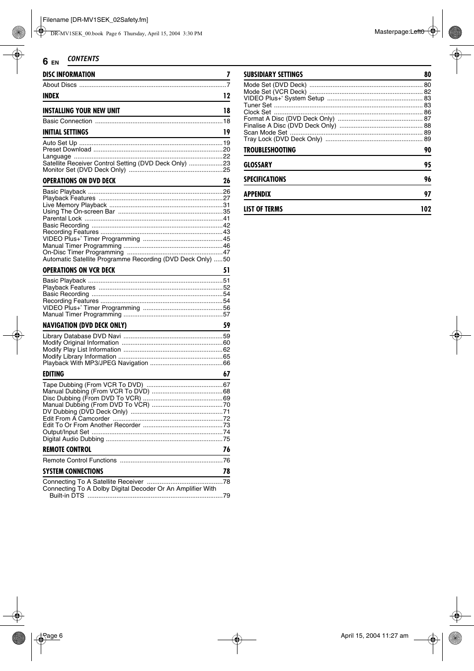 JVC DR-MV1B User Manual | Page 6 / 104