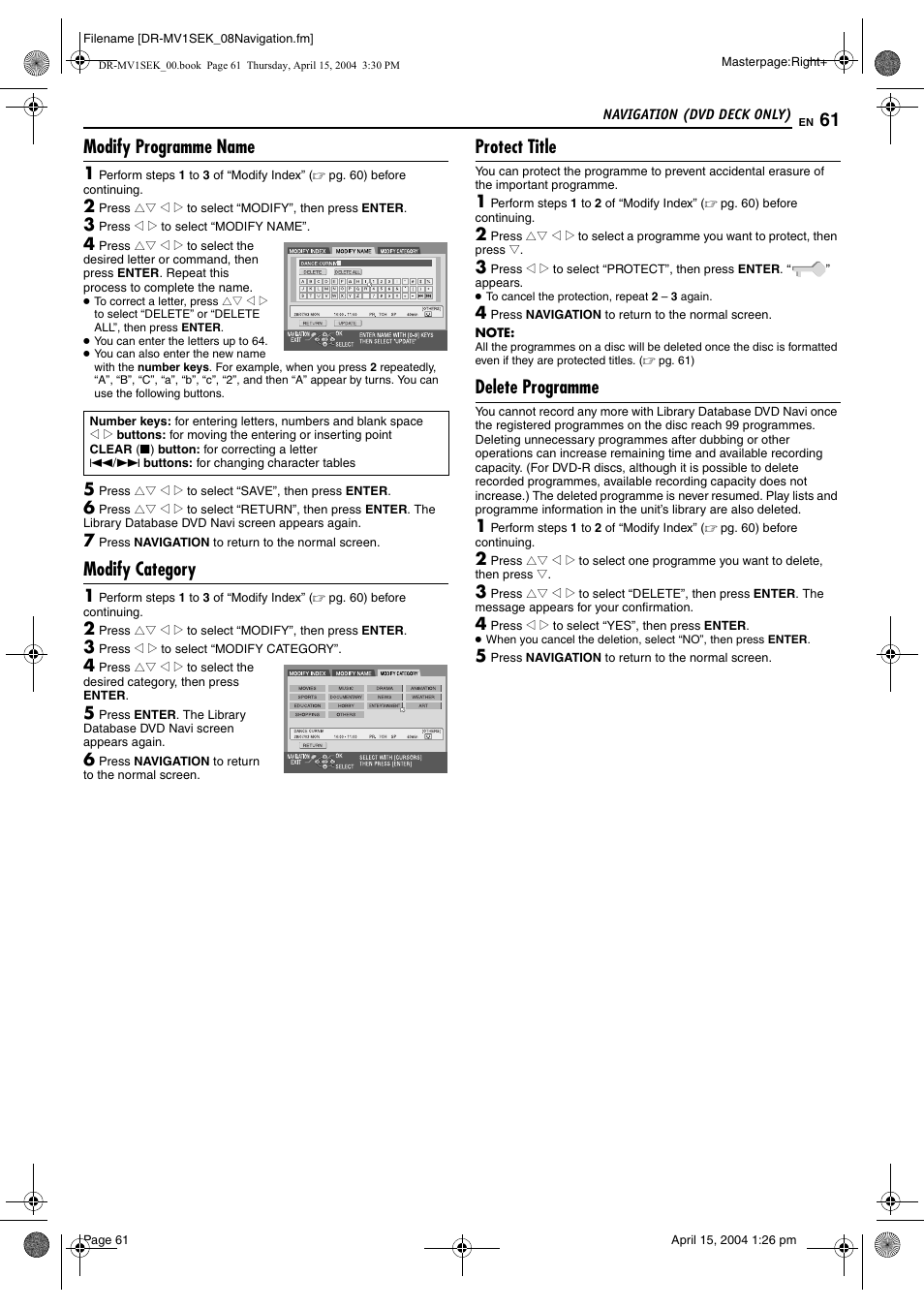 Modify programme name, Modify category, Protect title | Delete programme, Pg. 61, Pg. 61) | JVC DR-MV1B User Manual | Page 61 / 104