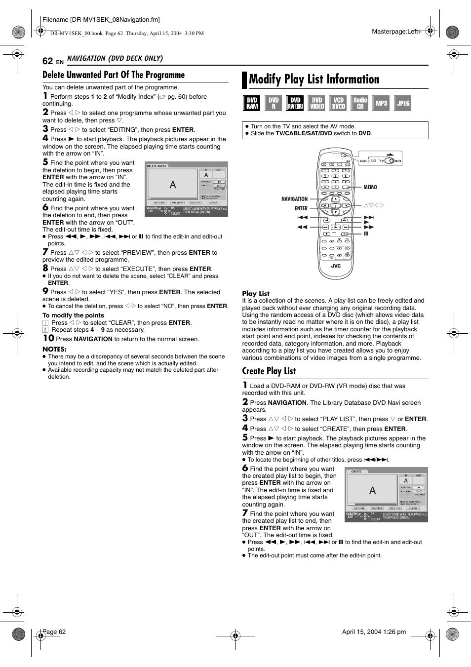 Delete unwanted part of the programme, Modify play list information, Create play list | Ramming, Pg. 62) | JVC DR-MV1B User Manual | Page 62 / 104