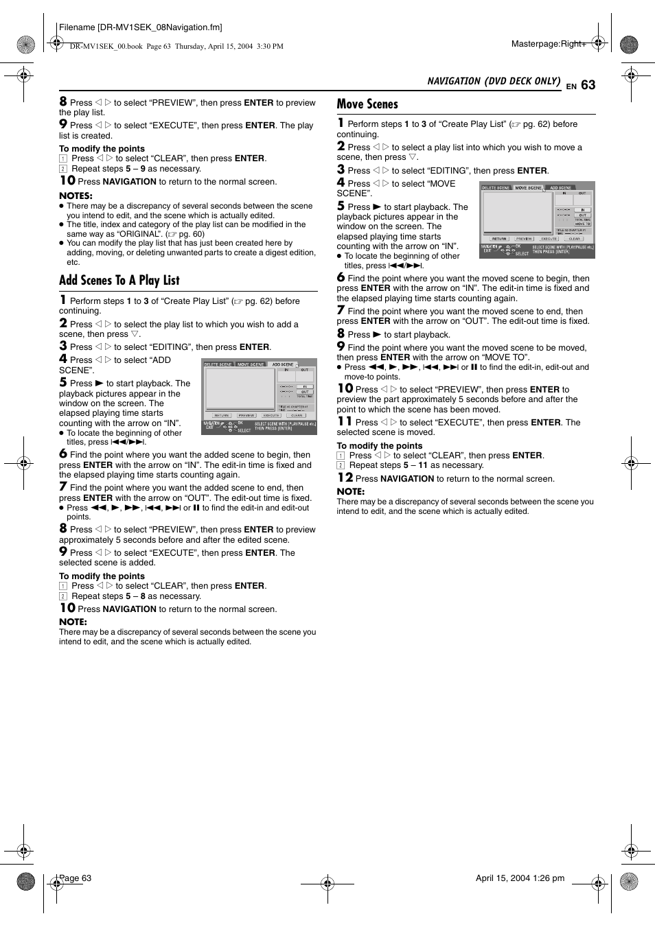 Add scenes to a play list, Move scenes | JVC DR-MV1B User Manual | Page 63 / 104