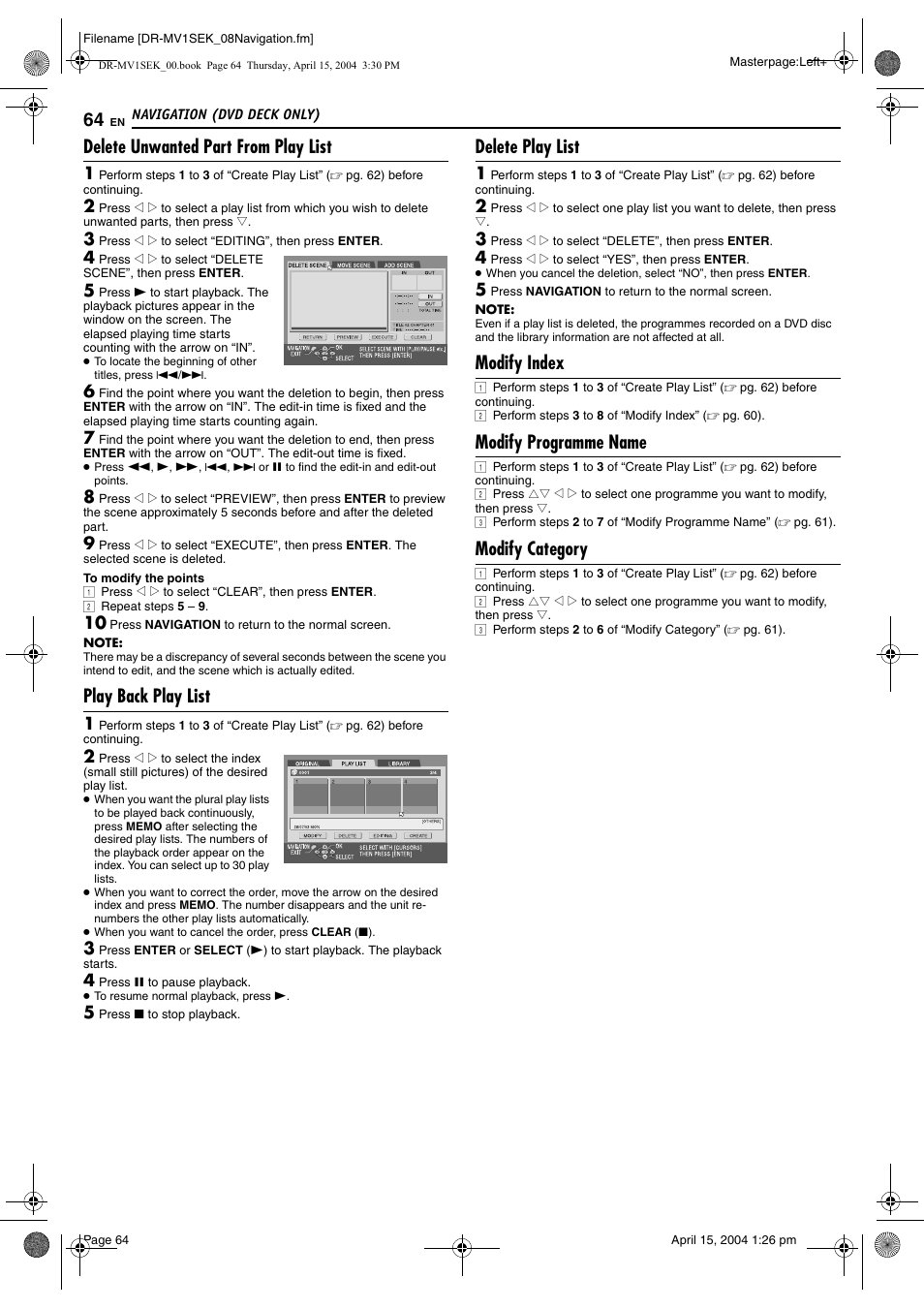 Delete unwanted part from play list, Play back play list, Delete play list | Modify index, Modify programme name, Modify category | JVC DR-MV1B User Manual | Page 64 / 104
