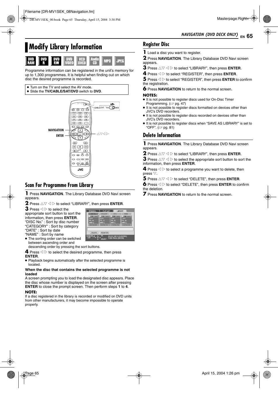 Modify library information, Scan for programme from library, Register disc | Delete information, Pg. 65) | JVC DR-MV1B User Manual | Page 65 / 104