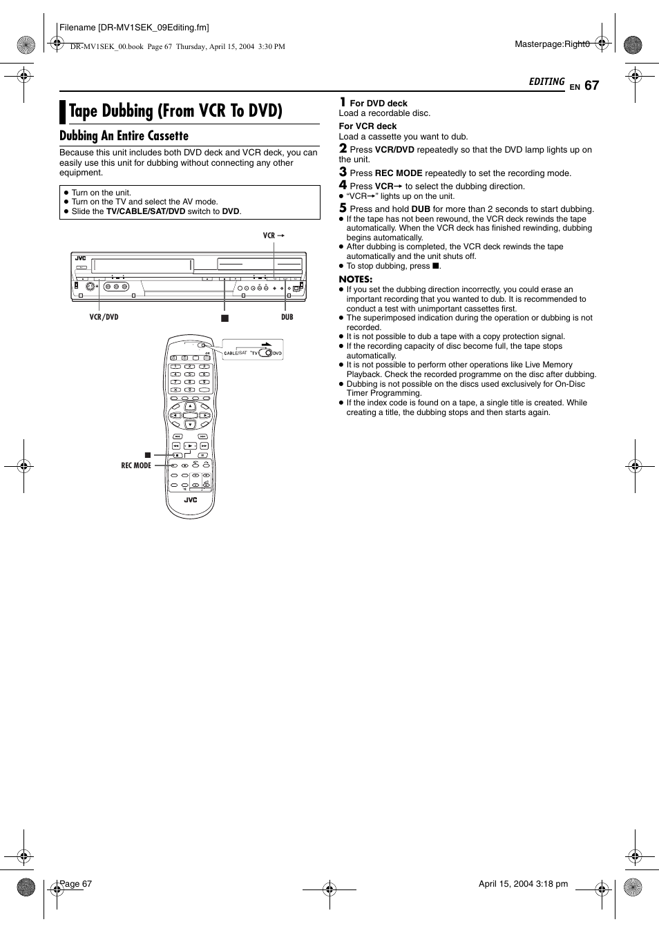 Editing, Tape dubbing (from vcr to dvd), Dubbing an entire cassette | Editing 67, Pg. 67, Pg. 67, 6 | JVC DR-MV1B User Manual | Page 67 / 104