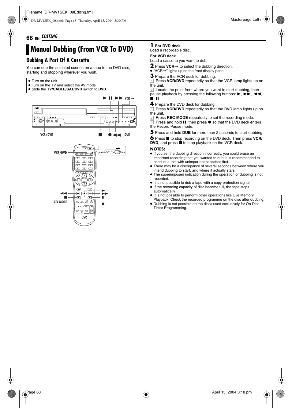 Manual dubbing (from vcr to dvd), Dubbing a part of a cassette | JVC DR-MV1B User Manual | Page 68 / 104