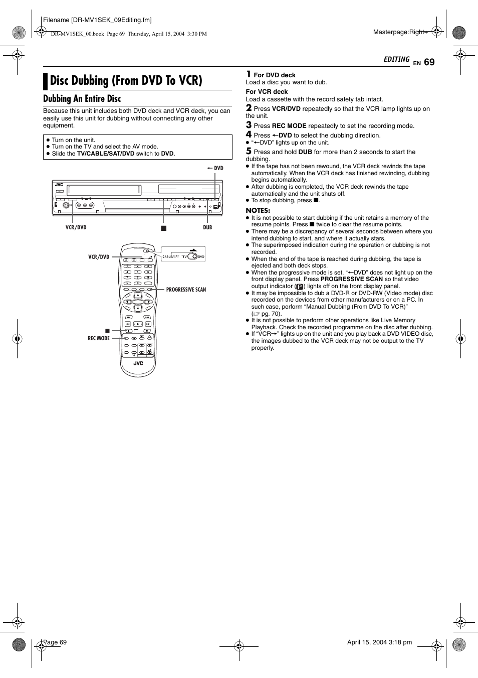 Disc dubbing (from dvd to vcr), Dubbing an entire disc | JVC DR-MV1B User Manual | Page 69 / 104